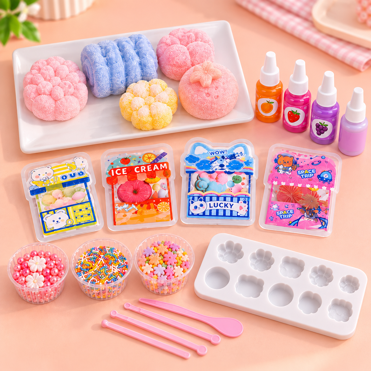 محتويات طقم DIY Mochi Toy لصناعة ألعاب الموشي المطاطية