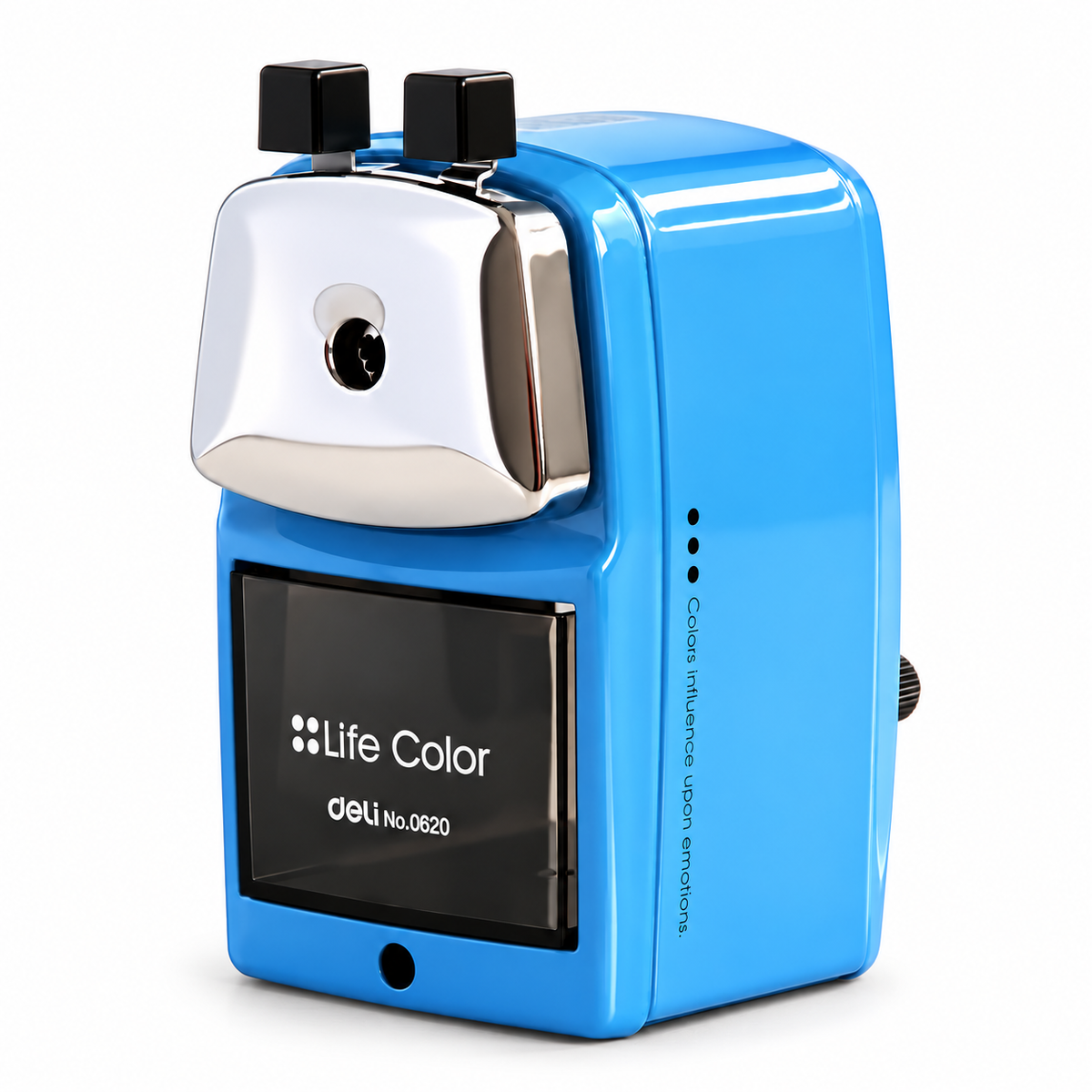 مبراة أقلام دوارة ( براي ) ديلي  Deli Pencil Sharpener على خلفية بيضاء بإضاءة واضحة وظل طبيعي خفيف
