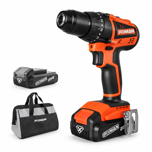 مثقاب لاسلكي FIXMAN 20 فولت – FL104001-07 على خلفية بيضاء بإضاءة واضحة وظل طبيعي خفيف