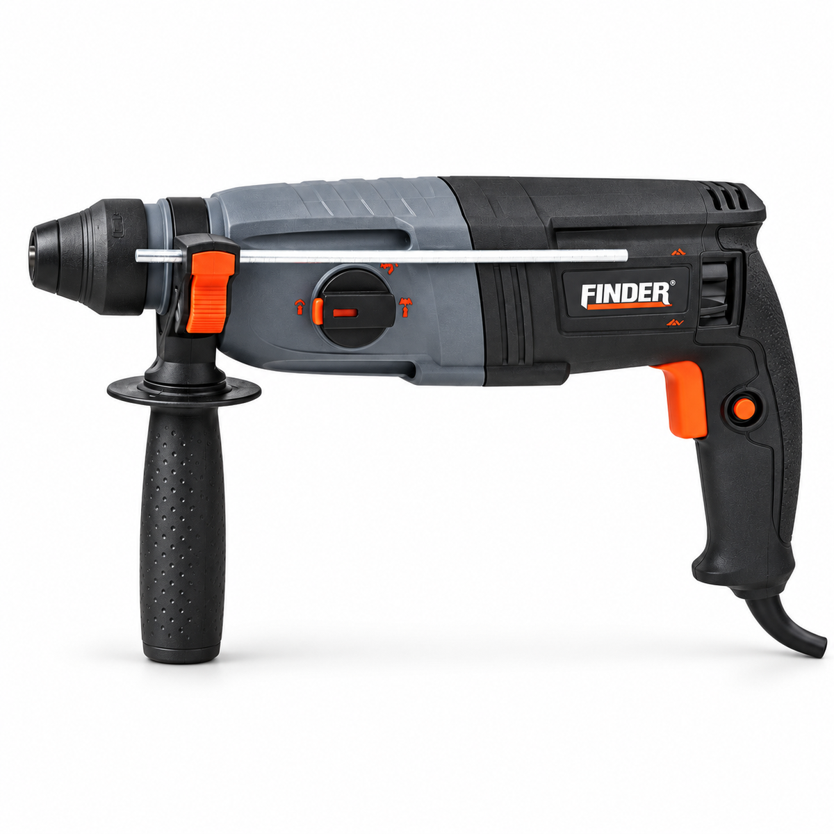 مثقاب طرق كهربائي Finder Hammer Drill – 800 واط / همر sds 
Finder Hammer Drill – 800 Watts NO:197228 على خلفية بيضاء بإضاءة واضحة وظل طبيعي خفيف