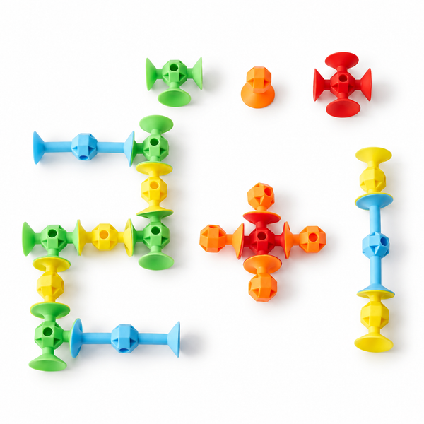 لعبة Suckers Toys – لعبة تركيب بمصاصات ملونة للأطفال على خلفية بيضاء بإضاءة واضحة وظل طبيعي خفيف
