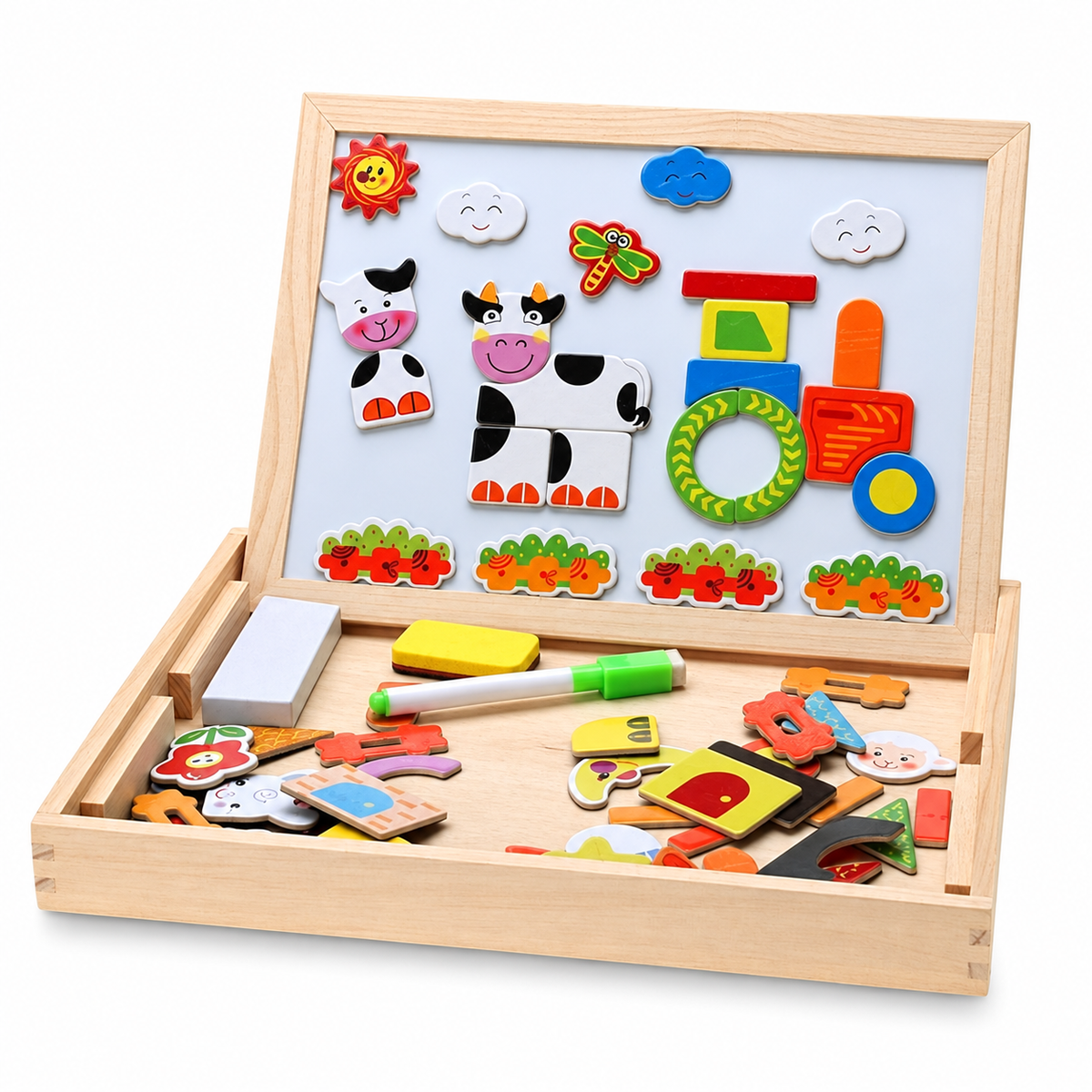 لوح الألغاز المغناطيسي التعليمي – Magnetic Puzzle Board على خلفية بيضاء بإضاءة واضحة وظل طبيعي خفيف