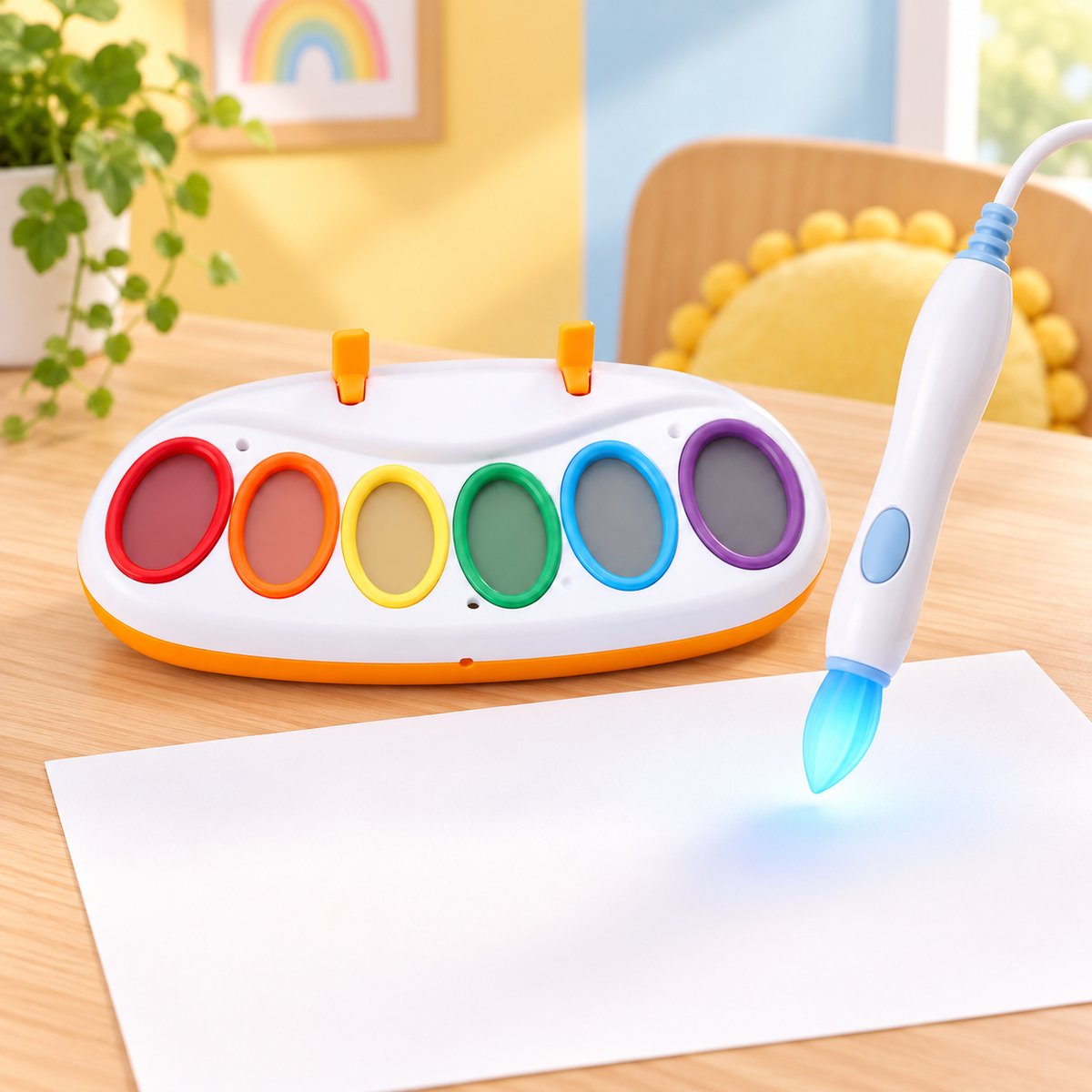 فرشاة الرسم السحرية المضيئة مع لوحة الألوان وورقة رسم